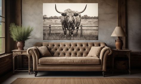 Longhorn Canvas, Highland Cow Wall Art, Wall Decor Man Cave, Decor Large Wall, Man Cave Wall Decor, Cow Wall Art, Wall Art Farmhouse, Texas Longhorn, Cave Decor