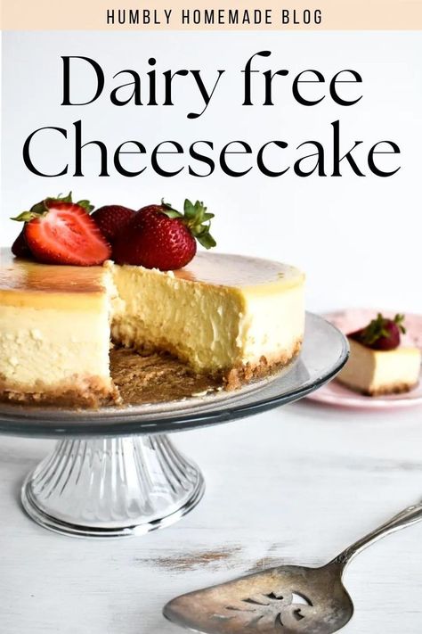 Dairy free cheesecake on a plater with a piece taken out Dairy Gluten Free Cheesecake, Best Dairy Free Cheesecake, Non Dairy Cheesecake Recipes, Lactose Desserts Dairy Free, Easy Dairy Free Cheesecake, Dairy Free Strawberry Cheesecake, No Dairy Cheesecake, Lactose Free Desserts Recipes, Gf Df Cheesecake