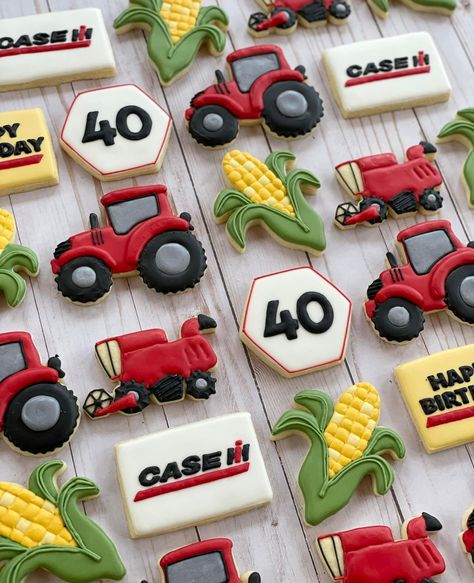 Farmer Cookies Decorated, Tractor Cookies 2nd Birthday, Otis The Tractor Birthday, Tractor Birthday Party Cookies, Red Tractor Birthday Party Cake, Tractor Birthday Cookies, Tractor Cookies Decorated, Tractor Sugar Cookies, Tractor Baby Shower Ideas