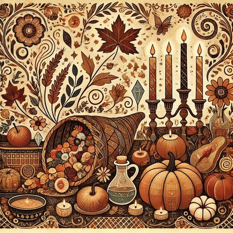 Symbols of the Wiccan holiday Mabon, including a cornucopia, leaves, pumpkins and crystals Cornucopia Aesthetic, Mabon Aesthetic, Celebrate Mabon, Gratitude Reflection, Horn Of Plenty, Vietnam Art, Harvest Festival, Art Festival, Autumn Leaves