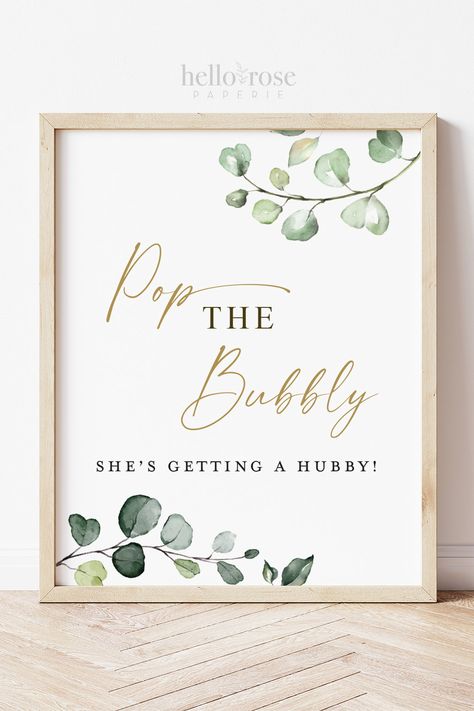 Pop the Bubbly She's Getting a Hubby Sign Printable . Greenery and Gold . Wedding Engagement Bridal Shower Bachelorette Hens Party . G2 #bridalshower #bacheloretteparty #etsy #bridalshowersign #henspartysign #bubblybridalbrunch #mimosabarsign #bubblymimosabar #bridalbrunchsign #champagnebarsign Baby Blocks Baby Shower, Party Backyard, Bridal Shower Inspiration, Hens Party, Printable Bridal Shower Games, Bridal Shower Brunch, Bridal Shower Signs, Backyard Barbecue, Engagement Party Wedding