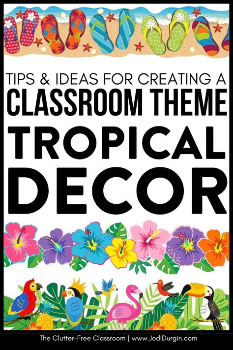 Elementary School Teachers wanting to decorate with a Tropical Classroom Theme or Door Decor Ideas will find the inspiring photos & decorating tips from the Clutter Free Classroom. First-Fifth grade educators wondering how to set up a classroom on a budget are going to love the bulletin board inspo, photos, & DIY tips for setting up their rooms for back to school to be encouraging. You'll also find classroom decor bundles & theme ideas to be quick & easy! Tropical Door Design, Hawaiian Classroom Decorations, Tropical Classroom Theme Ideas, Hawaiian Classroom Theme, Bulletin Board Decoration Ideas School, Tropical Bulletin Board Ideas, Hawaiian Bulletin Board Ideas, Tropical Classroom Theme, Classroom On A Budget