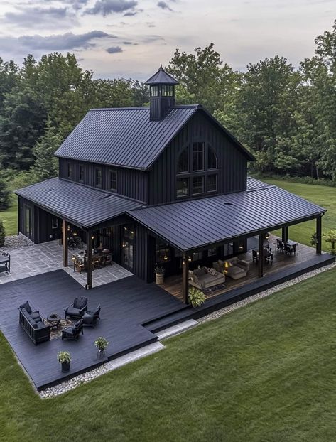 Charcoal And Black Barndominium, Barn Shaped House, Dark Barndominium, Black Barndominium Exterior, Black Decking, Black Barn House, Steakhouse Design, Dream Barndominium, Black Barndominium Ideas