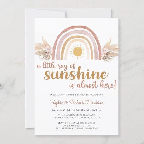 Pampas Grass Invitation, Rainbow Baby Shower Theme, Girl Shower Themes, Rainbow Baby Shower Invitations, Baby Shower Boho, Bohemian Baby Shower, Sunshine Baby Showers, Gender Neutral Baby Shower Invitations, Boho Baby Shower Invitations