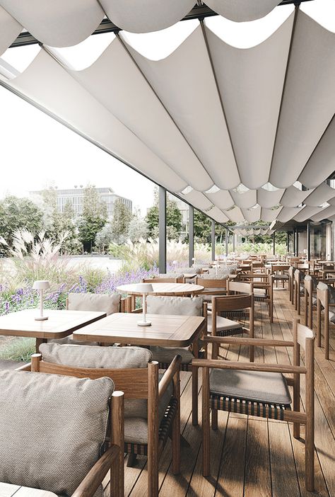 Rooftop Restaurant Design, Cafeteria Design, Rooftop Patio Design, Outdoor Restaurant Design, Terrace Restaurant, Restaurant Patio, Rooftop Design, Soft Minimalism, Patio Inspiration