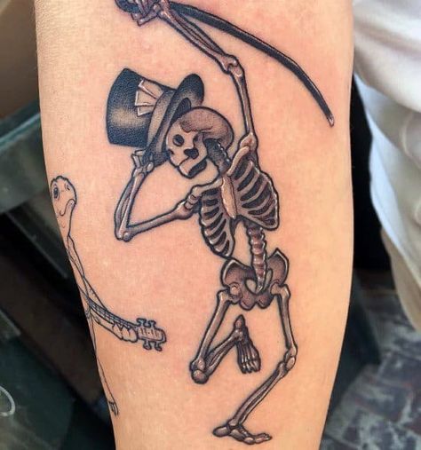 Summit Tattoo, Skeletons Tattoo, Dancing Skeleton Tattoo, Skeleton Tattoo Ideas, Dancing Tattoo, Skull Tattoo Flowers, Skeleton Dancing, Skeleton Tattoo, Skeleton Tattoos