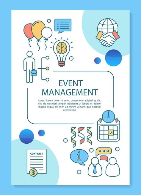 Event management planning poster template layout. Corporate party. Business meeting. Banner, booklet, leaflet print with linear icons. Vector brochure page layouts for magazines, advertising flyers Management Poster Design, Event Management Poster Design, Management Poster, Poster Design Background, Advertising Flyers, Party Business, Event Planning Business, Business Banner, Corporate Party