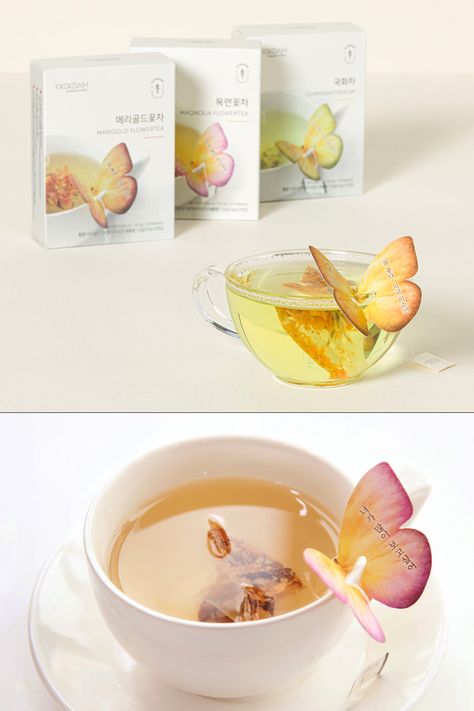 A luxurious tea gift set from Korea with a trio of natural floral teas that include whimsical paper butterflies that sit atop the edge of a teacup. Luxury Tea Party, Luxury Tea Packaging, Tea Packaging Design, Tea Gift Sets, Blue Tea, Paper Butterflies, Tea Packaging, Butterfly Flower, Drink Ideas