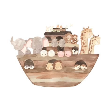 Noah's ark watercolor illustration for k... | Premium Vector #Freepik #vector #cute-watercolor #watercolor-animals #watercolor-baby #baby-animals Noah's Ark Nursery, Noah And The Ark, Noahs Ark Nursery, Baby Animal Prints Nursery, Playroom Wall Decals, Christian Nursery Decor, Noahs Ark Animals, Kids Room Wall Decals, Noah S Ark