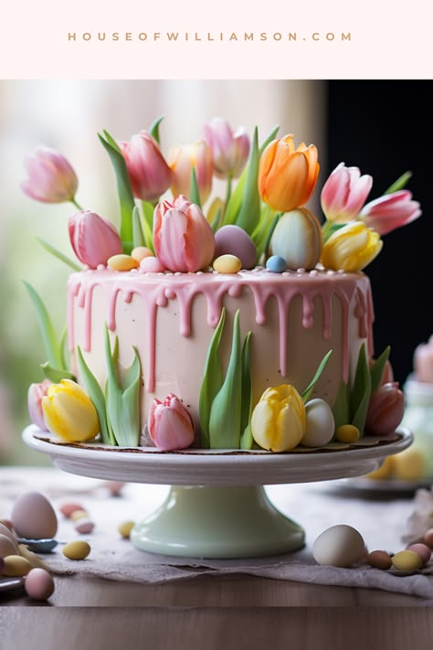 This picture is an Easter cake decorating idea to help inspire your next cake. Our Easter-themed cake is a pastel beauty, adorned with edible tulips crafted from sugar and fondant. A perfect centerpiece for a joyous Easter brunch celebration. Tulip Cake Ideas, Flower Cake Designs, Spring Cake Ideas, Tulips Cake, Flower Muffins, Spring Cake Designs, Easter Themed Cakes, Easter Cake Decorating, Tulip Cake