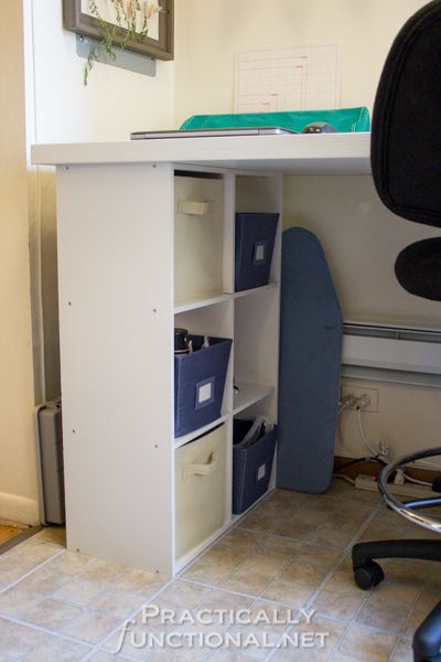 Make your own built-in craft desk with a door and storage cube shelves - Use the cubes to store craft supplies and materials Desk Using Cube Storage, Desk With Cubbies, Cube Desk Diy, Diy Cube Desk, Desk With Cube Storage, Storage Cube Desk, Cube Organizer Desk, Cube Shelf Desk, Cube Storage Desk