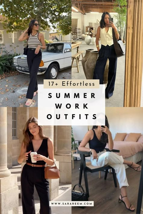 Looking for summer work outfits that look effortlessly stylish for any office setting? You'll love this list of 17+ work outfit ideas to copy this summer 2024. Monday Work Outfit Summer, Summer Outfits For Heat, Minimal Work Outfit Summer, July Work Outfits, Summer Work Outfits Women Office, Humid Weather Outfit Work, Office To Happy Hour Outfit, Work Dinner Outfit Summer, Summer Real Estate Outfits