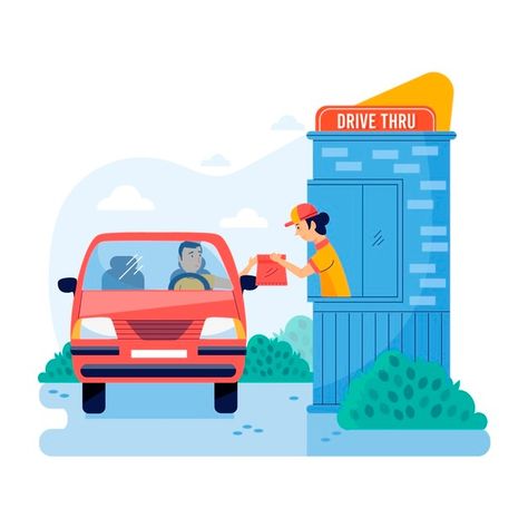 Drive Thru Illustration, Drive Illustration, Drive Thru Window, Car Delivery, Window Illustration, Business Car, Vector Food, Food Business, Cafe Art