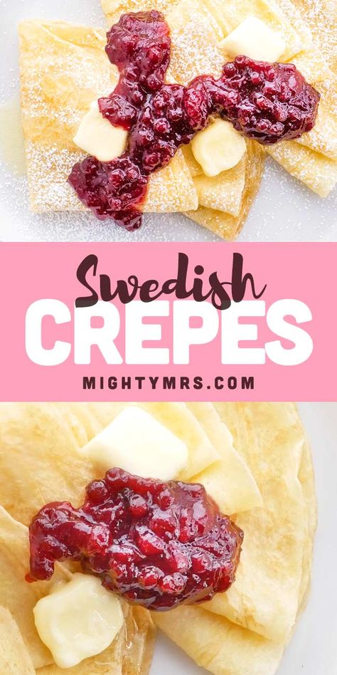 Swedish Crepes with Lingonberry Jam - Try this delicous and easy breakfast recipe, pefect for weekends, serving house guests or for a fancy brunch. These Swedish style crepes are topping with butter, lingonberry jam and powdered sugar inspired by iHop's Swedish crepe recipe. Watch the video to learn how to make these. It's easy once you master the flip. So easy and delicous! You can also use this crepe recipe and stuff with Nutella, banana, and strawberries. You can top with whipped cream too! Swedish Crepes, Lingonberry Jam, Jam Butter, Fancy Brunch, Homemade Crepes, Crepe Recipe, Halloween Breakfast, Breakfast Recipes Sweet, House Guests