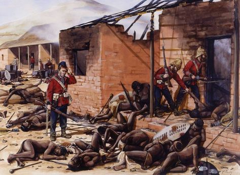 Michael Perry's artwork from my Osprey 'Rorke's Drift' title depicting the defenders probing the front of the hospital on the morning of the 23rd. Rorkes Drift, Rorke's Drift, Zulu Warrior, Red Coats, British Armed Forces, British Military, British Empire, Military Diorama, English History