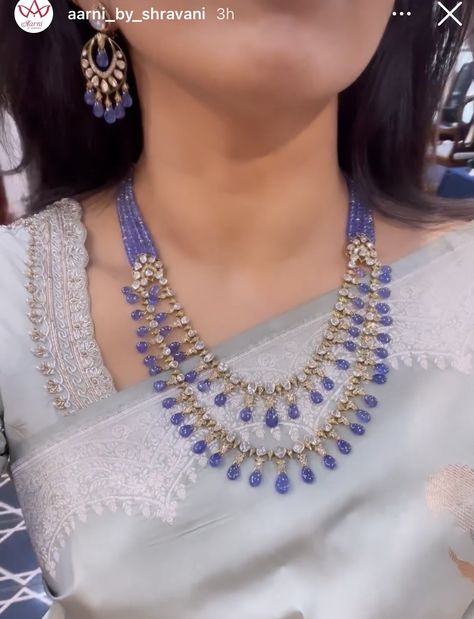 Tanzanite Gold Jewelry, Light Pink Beads Indian Jewellery, Tanzanite Jewelry Necklaces Indian, Purple Beads Jewelry Indian Gold, Beaded Jewelry Gold Indian, Tanzanite Necklace Indian, Beads Jewelry Indian Gold Latest, Beads Necklace Designs Indian, Blue Beads Indian Jewellery