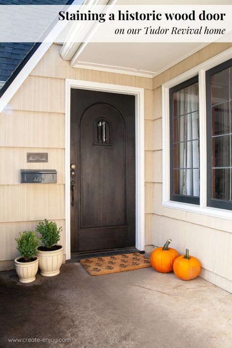 Staining our historic wood front door / Create / Enjoy Double Wood Front Doors, Wood Front Door, Solid Wood Front Door, Wood Front Doors, Painted Front Doors, Tudor House, Window Box, Paint Ideas, Stain Colors