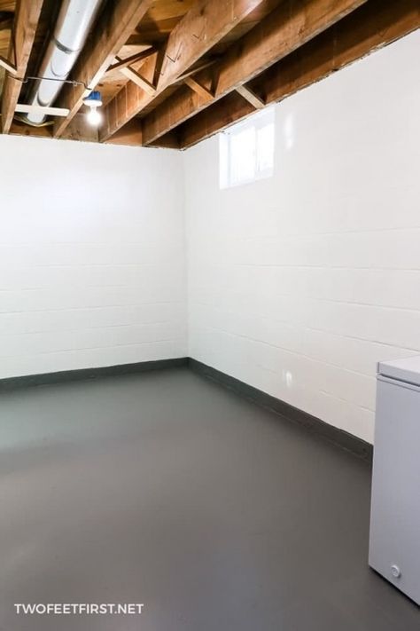 How-to-paint-a-concrete-floor Paint Laundry Room Floor Concrete, Painted Cement Walls Basements, Painted Floor Basement, Redo Basement Floor, Basement With Painted Concrete Floors, Dark Basement Flooring, Gray Painted Concrete Floors, Paint Basement Concrete Walls, Basement With Concrete Walls