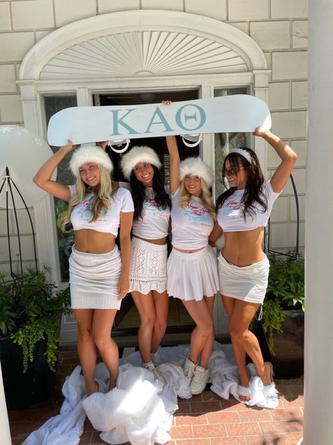 Blue Bid Day Theme, Ski Sorority Theme, Apres Ski Bid Day, Sorority Ski Theme, Snow Bid Day Theme, Ski Lodge Outfit Party College, Snow Place Like Home Bid Day, Ski Bid Day Theme, Ski Lodge Party College