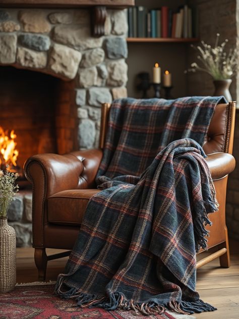 Cozy tartan throw blankets draped over chairs or sofas add a touch of Scottish charm and rustic elegance to your home. Elevate your space with these rustic decor ideas. Blend modern and rustic styles for the perfect cozy balance. #RusticCharm #HomeDecorTips #CozyVibes Blanket Draped Over Chair, Scottish Interiors Country Style, Scottish Home Decor, Tartan Decor, Blanket Living Room, Tartan Throws, Scottish Homes, Rustic Decor Ideas, Rustic Home Decor Ideas