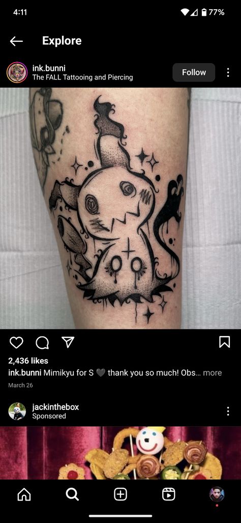 Mimikyu Tattoo Ideas, Spiritfarer Tattoo, Mimikyu Tattoo, Dark Type Pokemon, Autumn Tattoo, Forearm Band Tattoos, Funky Tattoos, Spooky Stickers, Pokemon Tattoo