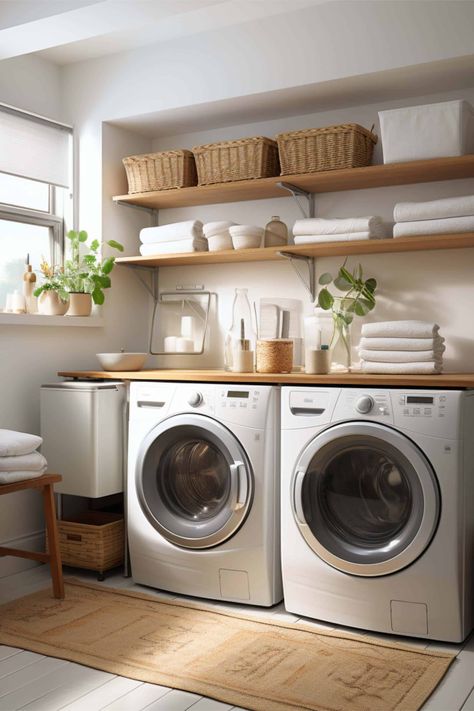 Neat Laundry Room Ideas, Boho Mudroom Laundry Rooms, Landuray Room Ideas Modern, Laundry Storage Closet Ideas, Boho Style Laundry Room, Lootility Room Ideas, Landuary Room Ideas, Laundry No Window, Renter Friendly Laundry Room Organization