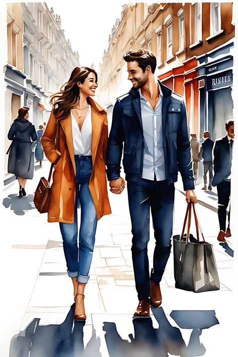 Happy couple in love walking around the streets in London watercolors. Very romantic. Couple Walking Illustration, Couples Walking Together Street, Happy Painting Ideas On Canvas, Happy Couple Illustration, Couple Fashion Illustration, Couple Illustration Romantic Cute, Romantic Artwork Couple, Indian Couple Painting Romantic, Relationship Drawing