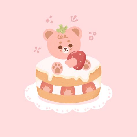 This 4" x 4" mini art print features a kawaii bear sitting on top of a delicious strawberry cake! This square art print is perfect for decorating your office, bedroom, living room or workspace, and also makes a cute unique gift for animal lovers/foodies! Delicious Strawberry Cake, Bear Sitting, Kawaii Bear, Strawberry Bear, Cute Strawberry, Square Art, Food Illustration, Bear Art, Strawberry Cake