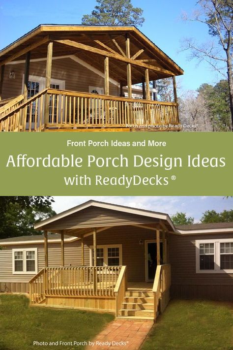 Great affordable porch ideas from Ready Decks! Add affordable curb appeal to your house or mobile home. #porchideas #mobilehomeporch Manufactured Home Porch Ideas Exterior, Double Wide Yard Ideas, Add On Porch Ideas, Decks For Double Wide Mobile Homes, Mobile Home Covered Porch Ideas, Mobile Home Porches And Decks, Mobile Home Decks, Manufactured Home Back Porch Ideas, Front Porch Modular Home