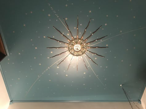 Star Ceiling Medallion, Gold Leaf Star Ceiling, Blue Ceiling With Stars, Unique Ceiling Ideas Bedroom, Gold Recessed Lighting, Sun Ceiling Design, Celestial Ceiling Light, Blue Ceiling Gold Stars, Gold Stars On Ceiling