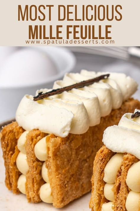 Most Delicious Mille Feuille French Mille Feuille, Milfoil Pastry, Puff Pastry Mille Feuille, Millie Feuille Recipe, Classic French Dessert Recipes, Raspberry Mille Feuille, Mille Feuille Recipe Easy, Mille Fuelle Recipe, French Pastries Patisserie