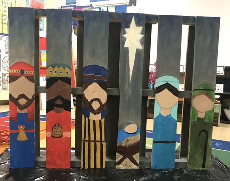 Pallet Manger Scene, Pallet Nativity Scene, Nativity Porch Leaner, Pallet Nativity, Painted Manger Scene On Wood, Nativity Painted On Wood, Nativity Scene Wood, Nativity Ideas, Nativity Stable