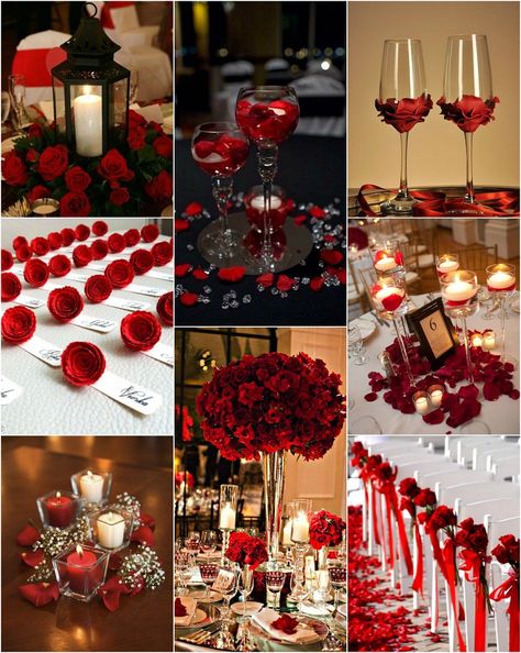 Red wedding Decor ideas...#weddings #redvelvet #flowers #valentinesday #invitations #tablesetting #love #lighting #bridal #groom Sangria Quinceanera Decorations, Romantic Red Wedding Decor, Red Wedding Reception Decorations, Black Red White Wedding Decorations, Red And Cream Wedding Theme, Red Black And Gold Wedding Theme, Red Decorations Party, Black And Red Wedding Decorations, Red Wedding Decorations Elegant