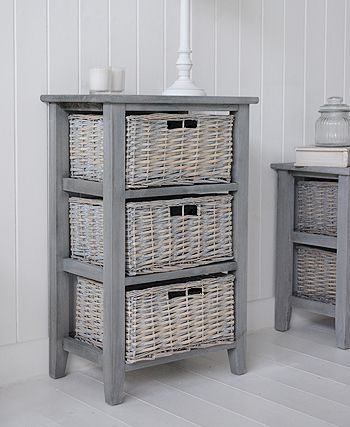 St Ives 3 drawer basket storage furniture. Ideas and designs in decorating your white and grey living room from The White Lighthouse www.thewhitelighthousefurniture.co.uk Wicker Drawers, Ikea Crates, Pallet Furniture Table, Storage Furniture Ideas, White Lighthouse, Basket Drawers, White Furniture Living Room, Painted Wicker, Basket Storage