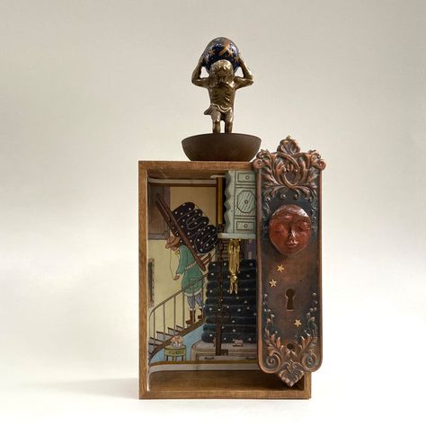 The Night Shift Assemblage Art Shadow Box. Atlas Celestial Sky - Etsy Door Knob Plate, Antique Door Knob, Assemblage Art Collage, Creepy Baby Dolls, Big Artwork, Box Assemblage, Art Shadow, The Night Shift, Golden Rabbit