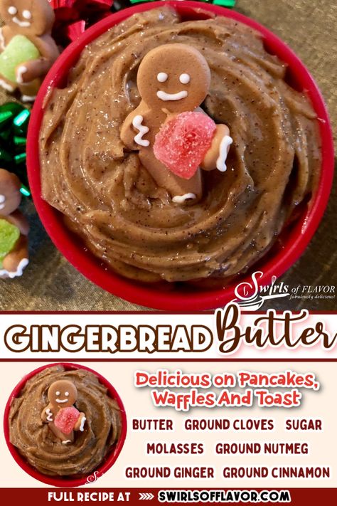 With just a few simple ingredients, Gingerbread Butter will make your waffles, pancakes and bagels taste truly seasonal and gourmet on Christmas morning! An easy holiday recipe for pancakes, waffles, toast and more! #swirlsofflavor gingerbread #holidaybutter #easyrecipe #brunch Gingerbread Butter, Gingerbread Cookies Easy, Butter Making, Spiced Butter, Recipes To Cook, Flavored Butter, Holiday Brunch, Toasted Pecans, Butter Recipe