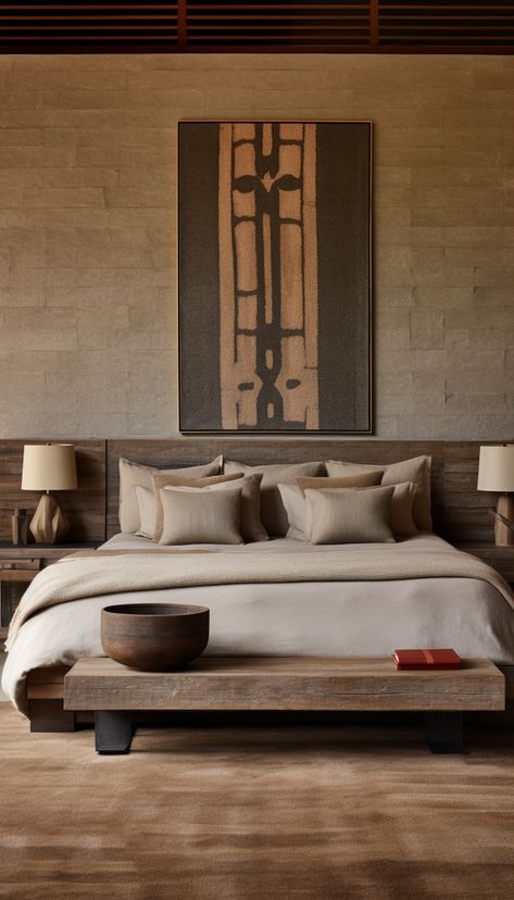 Therapinterior's luxury wabi-sabi bedroom design seamlessly blends opulent and rustic elements. Weathered wood, muted colors, and simple, elegant furnishings create a harmonious and serene atmosphere. This fusion of luxury and simplicity invites tranquility and rejuvenation. Wabi Sabi Headboard, Wabi Sabi Drawing, Wabi Sabi Interior Bedrooms, Wabi Sabi Bedroom Design, Bedroom Wabi Sabi, Bedroom Wood Floor, Wabi Sabi Bedroom, Wabi Sabi House, Sabi Style