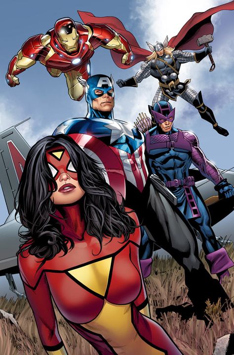 The Avengers and for those of you who don't know that Spider Woman yes she is part of the Avengers. Jade Nguyen, Batman Christian Bale, Univers Marvel, Avengers Comics, Dc Villains, Marvel Vs Dc, Uncanny X-men, Marvel Comics Art, Spider Woman