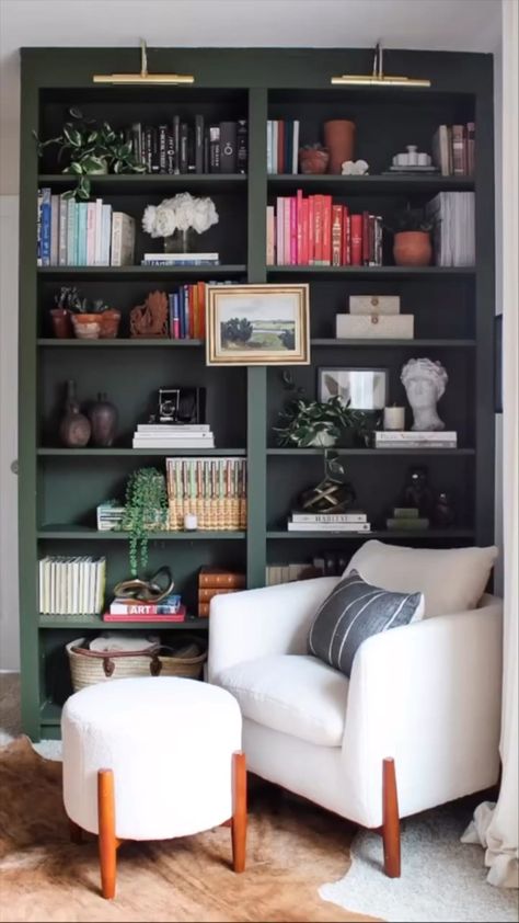 Dark Brown Bookshelf, Dark Green Bookshelf, Dark Bookshelf Styling, Green Bookshelf, Dark Bookshelves, Dark Wood Bookcase, Green Bookshelves, Brown Bookshelves, Wall Arrangements