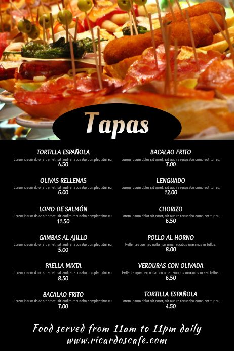 Tapas Menu Ideas, Tapas Menu Design, Resturant Menue Design, Restaurant Menu Design With Pictures, Spanish Tapas Restaurant, Wine Shop Interior, Tapas Dinner, Tapas Menu, Spanish Restaurant