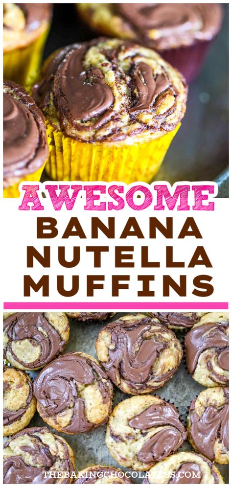 Indulge in the flavorful combination of bananas and Nutella with these heavenly Banana Nutella Swirl Muffins! These mouthwatering muffins are your ticket to a delicious and stress-free baking experience. With a gluten-free option available, there's no reason NOT to try these out today! Your taste buds will thank you. Homemade Banana Muffins, Banana Nutella Muffins, Yummy Chocolate Desserts, Swirl Muffins, Homemade Nutella Recipes, Muffins With Chocolate, Homemade Cake Recipes Chocolate, Easy Homemade Biscuits, Banana And Chocolate