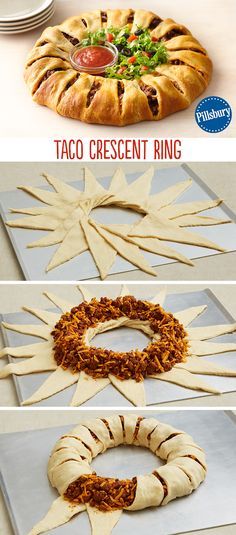 Taco Crescent Ring, Taco Ring, Crescent Ring, Crescent Roll Recipes, Think Food, Snacks Für Party, Easy Weeknight, Chopped Tomatoes, Crescent Rolls