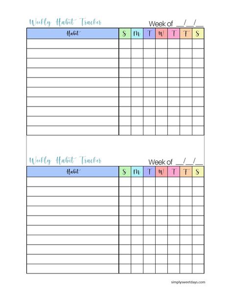 Free Printable Weekly Habit Tracker | Simply Sweet Days Free Printable Habit Tracker, Daily Routine Habits, Printable Habit Tracker, Bullet Journal Month, Sweet Days, Weekly Printable, Habit Tracker Bullet Journal, Habit Tracker Printable, Tracker Free