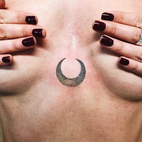 Upside down crescent moon inked on the sternum and done at Bonjour Tattoo Club Inner Ear Tattoo, Related Tattoos, Think Tattoo, Crescent Moon Tattoo, Sternum Tattoo, Dragonfly Tattoo, Black Mamba, Minimal Tattoo, Chest Tattoo