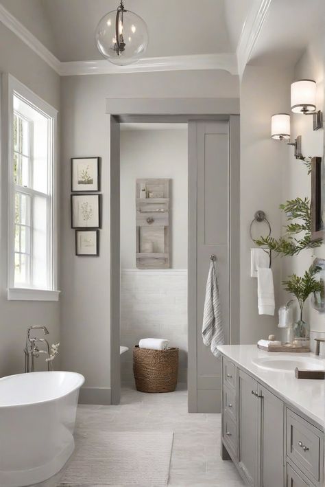 Discover the tranquil transformation of a professionally painted bathroom in SW Agreeable Gray (7029). Step into a neutral haven designed for ultimate comfort and relaxation. #Ad #homedecor #homedesign #bathroom #Painthome interiorarchitecture best Wall Colors for Bathroom Colors Bright Room Colors best colors combinations bathroom bathroom Remodeling Modern Paint Colors 2024 Primary Bath Paint Colors, Agreeable Gray Cabinets Bathroom, Sherwin Williams Agreeable Gray Walls, Repose Grey Bathroom, Gray Paint Bathroom, Agreeable Gray Sherwin Williams Bathroom, Repose Gray Bathroom, Agreeable Gray Bathroom, Warm Grey Bathroom