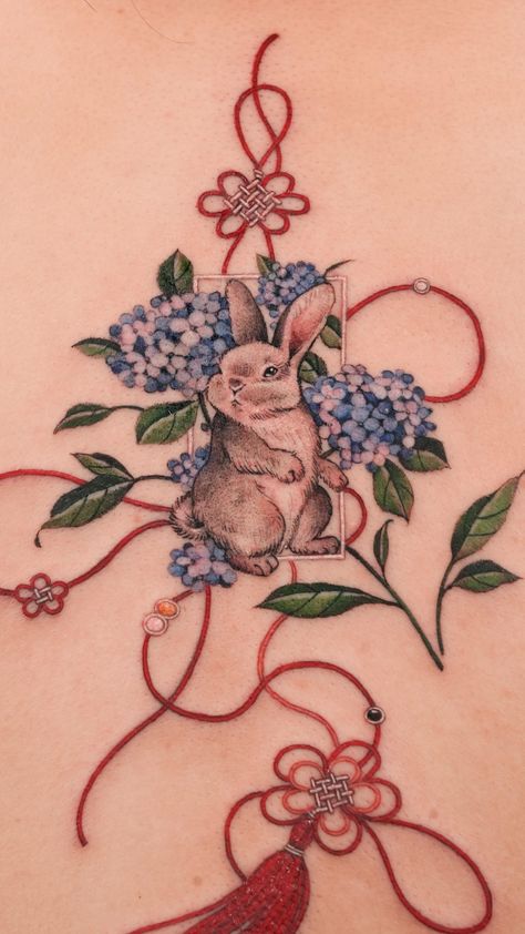 Chinese Rabbit Tattoo, Year Of The Rabbit Tattoo, Tassel Tattoo, Gray Rabbit, Rabbit Tattoo, Bunny Tattoos, Ribbon Tattoos, Rabbit Tattoos, Blue Hydrangeas