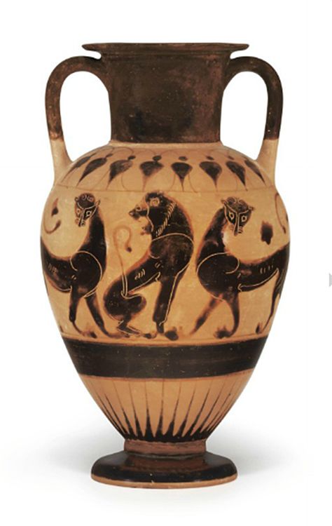 A CHALCIDIAN BLACK-FIGURED NECK-AMPHORA   CIRCA 530-520 B.C.   The obverse with a seated lion, his body facing right, his head turned back, flanked by two confronting panthers, their bodies elongated, their tails curling, rosettes in the field; the reverse with a splayed-winged siren, her head turned back; a solid black band encircling below, rays above the foot, lotus-bud chain on the shoulders, a red fillet at the join of the foot and body  8 5/8 in. (21.9 cm.) high Tattoo Map, Greek Ceramics, Roman Pottery, Ancient Greece Art, Art Research, Egyptian Painting, Ancient Greek Pottery, Ancient Greek Art, Greek Pottery