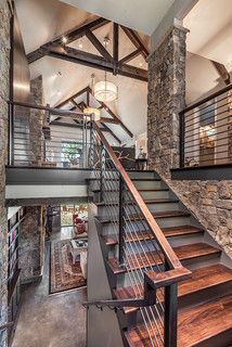 Stairs Interior Design, Mountain House Interior, Stairs Interior, Wooden Staircase Design, Rustic Staircase, Mountain Home Interiors, Modern Mountain House, Rustic Stairs, Timber Stair