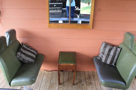 Upcycled bus seats on the deck, we just need a table to complete our "booth" School Bus Seats Repurposed, Bus Seats Repurposed, Table Booth, Industrial Pipe Furniture, Bar Space, School Bus Conversion, Hippie Bus, Bus Tour, Outside Furniture