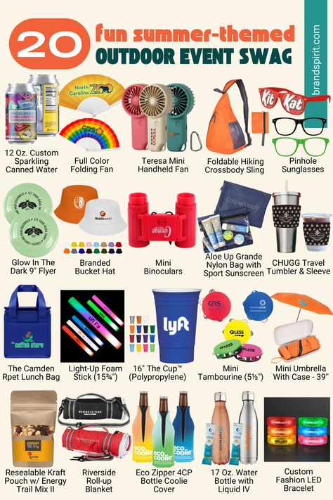 A new month and a new week means 🍊 fresh swag ideas from Brand Spirit! Today we have 20 fun, summer-themed outdoor event swag ideas, from portable fans to custom canned sparkling water! Everything is available for customization at Brand Spirit. Swag Ideas, Portable Fans, Outdoor Event, New Month, Sparkling Water, New Week, Summer Fun, Brand Logo, Promotion